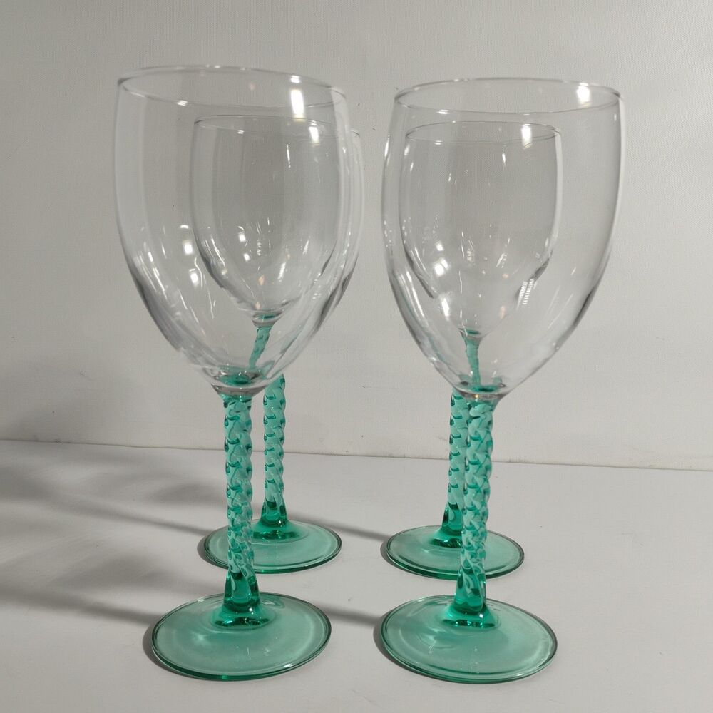 Vtg Crystal D’Argues-Durand Angelique Aqua Twisted Stem Set of 4 Wine Glasses